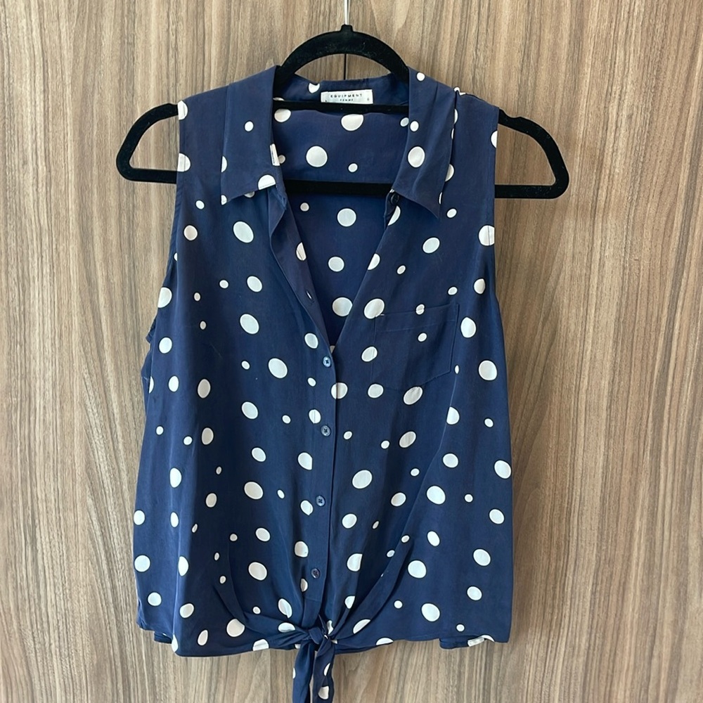 Equipment Navy with White Polka Dot Sleeveless Button Down with Front Knot